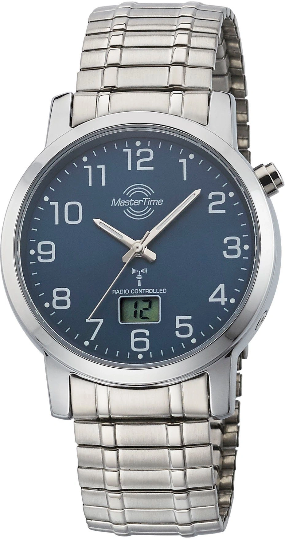 Herrenuhr mit dunkelblauem Zifferblatt, analoger und digitaler Anzeige, silbernem Armband.