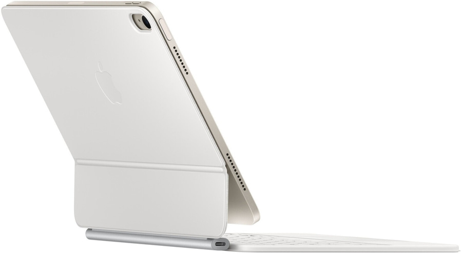 iPad mit Tastaturhülle, weiß, Apple-Logo, Seitenansicht, geöffnet