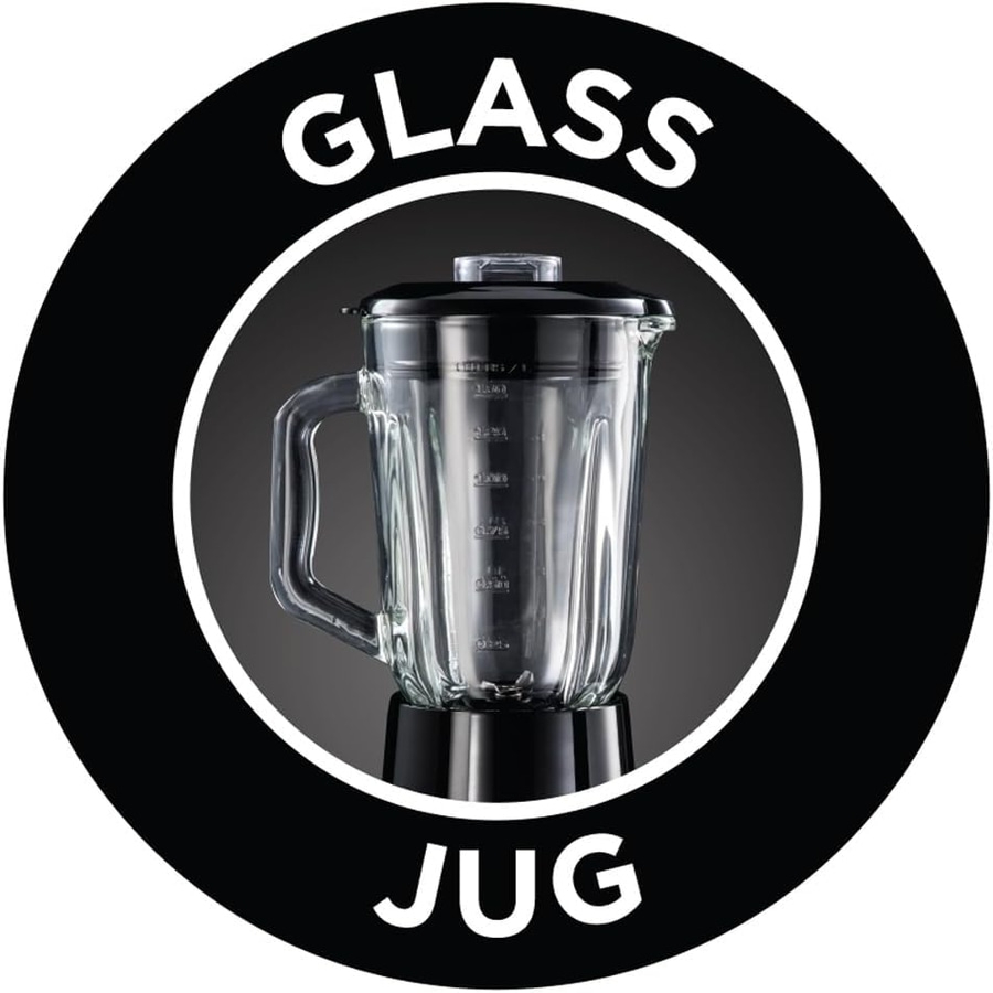 Glas-Mixer-Krug mit schwarzem Deckel und Griff, umgeben von einem schwarzen Kreis mit weißem Text.