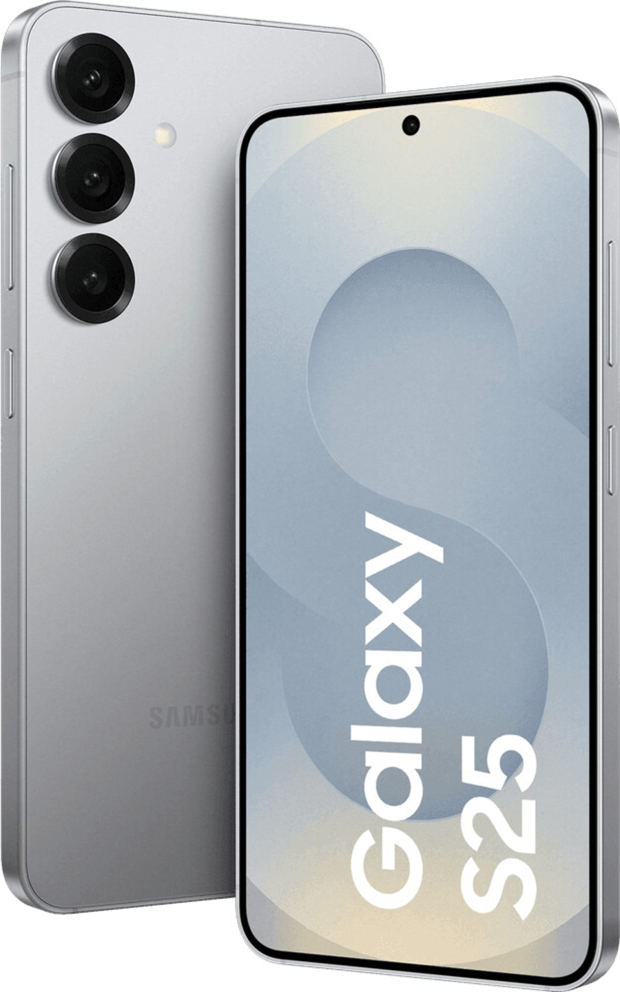 Silbernes Samsung Galaxy S25 Smartphone mit drei Kameras und Bildschirm