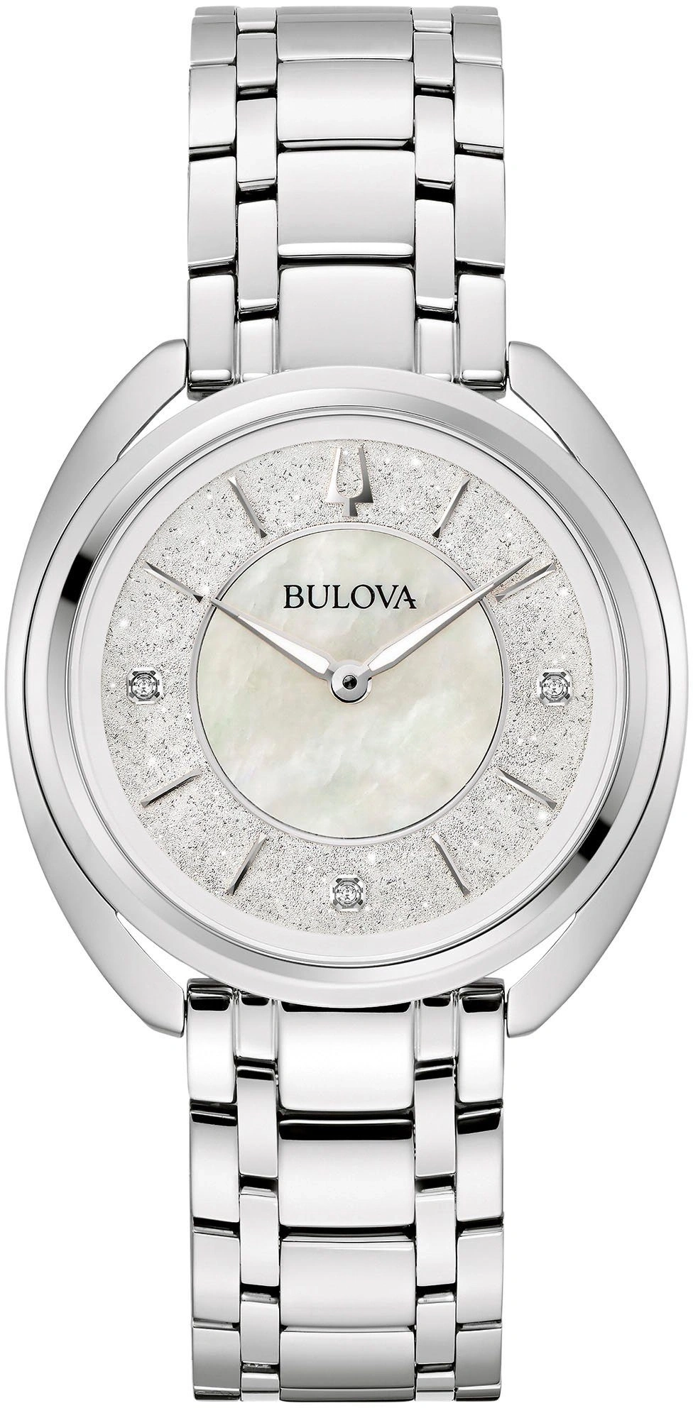 Bulova Damenuhr mit silbernem Armband und glitzerndem Zifferblatt, elegant