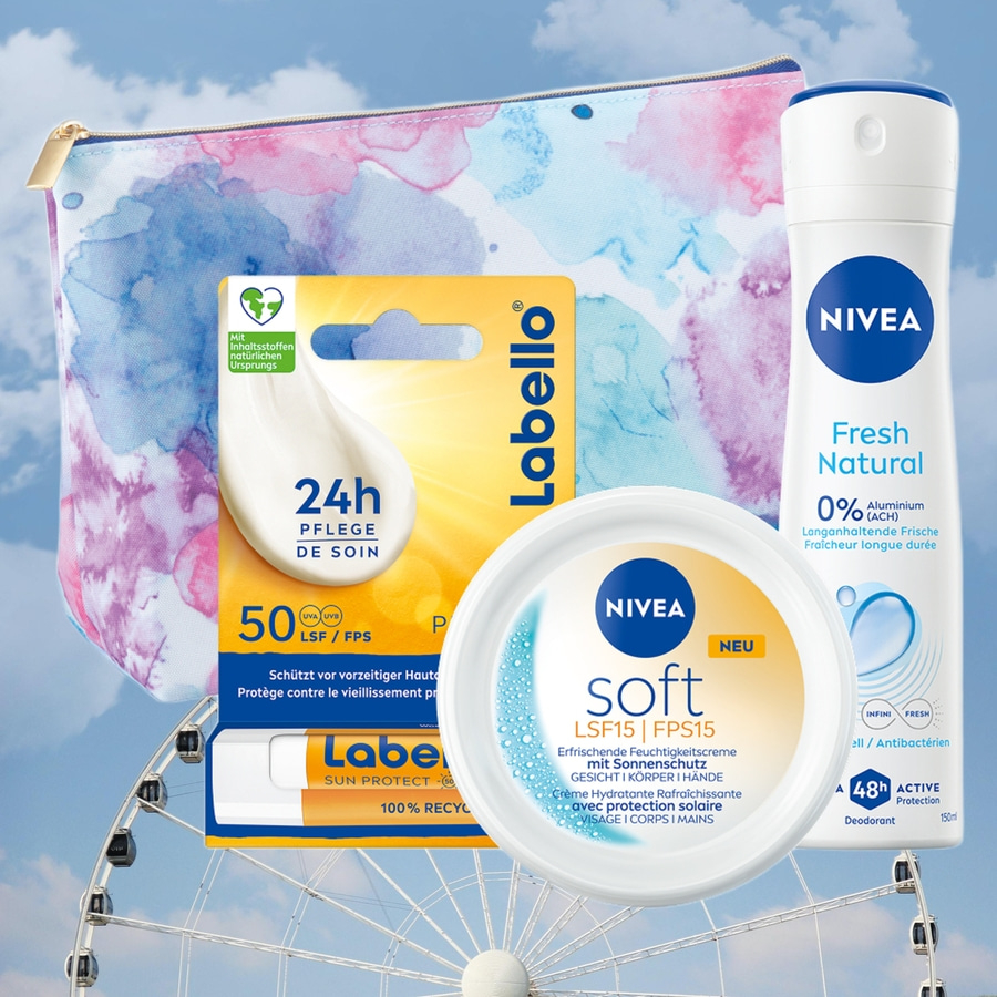 Kosmetikprodukte von Nivea und Labello vor einem Riesenrad