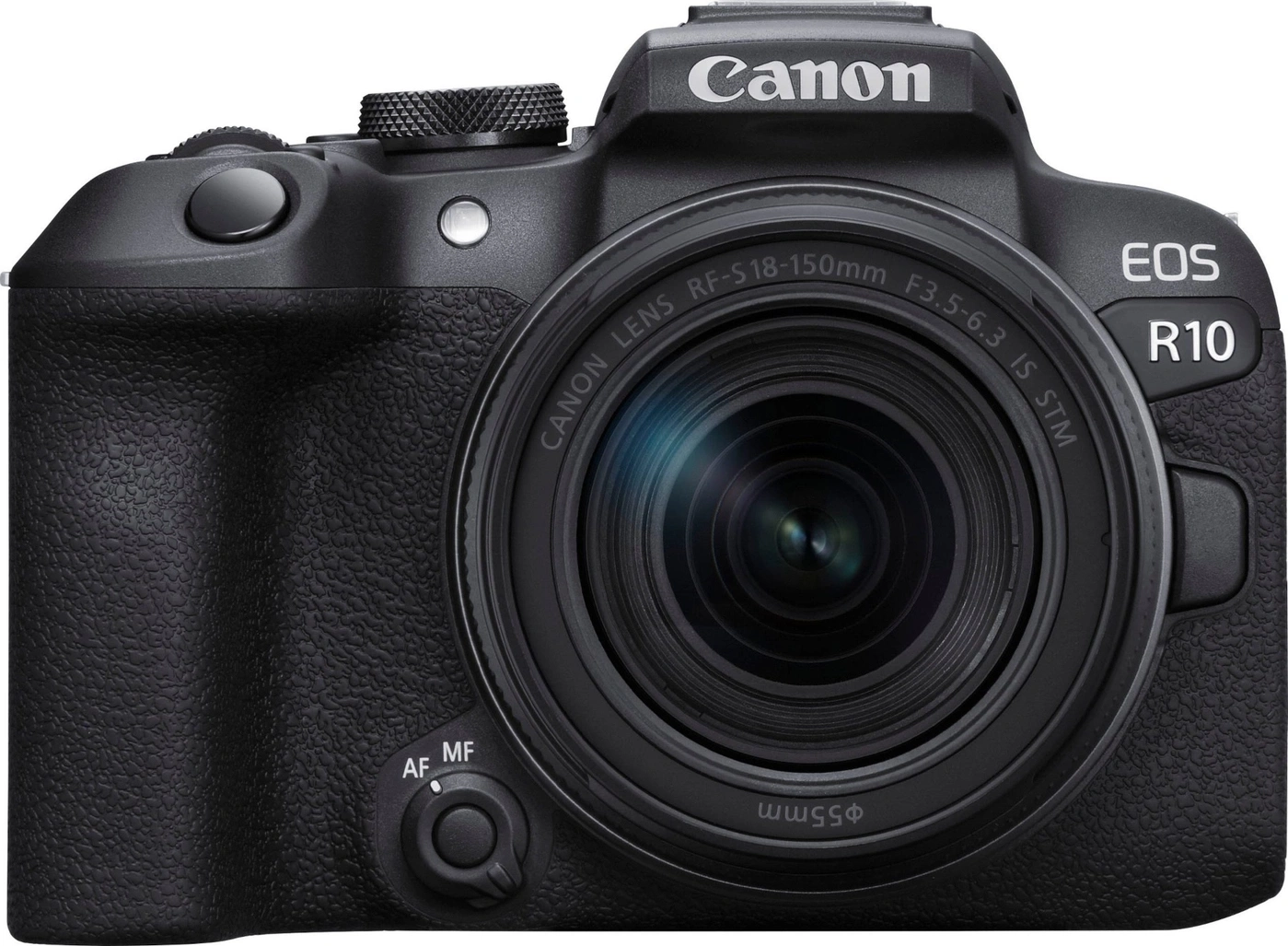 Eine schwarze Canon EOS R10 Kamera mit einem RF-S 18-150mm Objektiv.