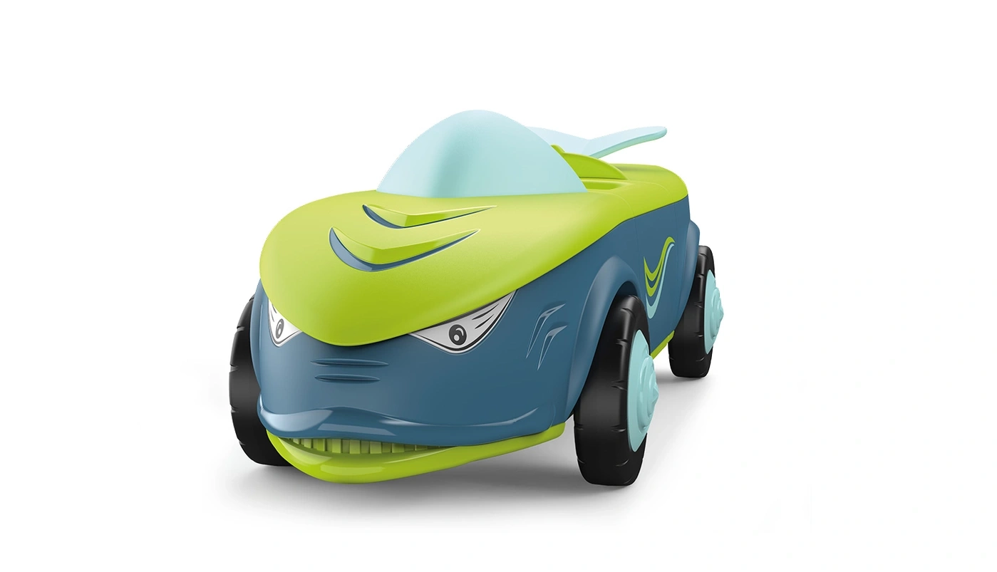 Ein blau-grünes Spielzeugauto mit einem lustigen Gesicht und Rädern.