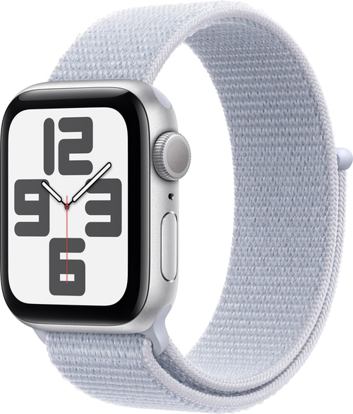 Apple Watch mit hellblauem Armband, Nahaufnahme, elegant