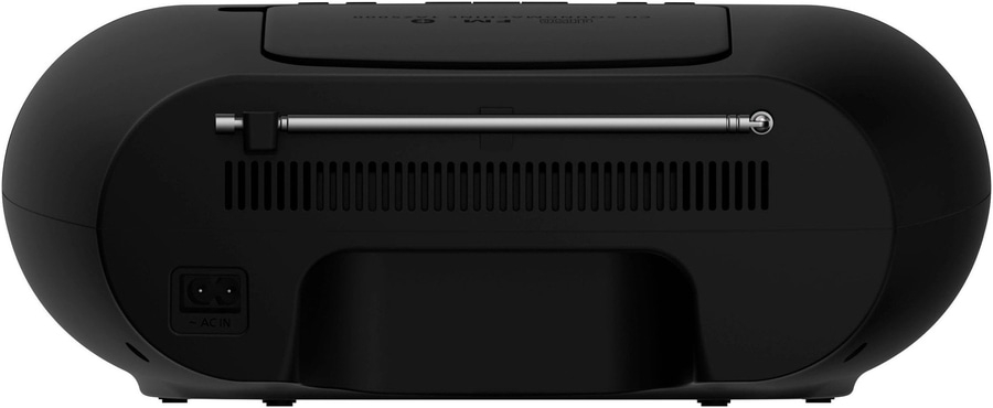Schwarzer CD-Player mit ausziehbarer Antenne und AC-In-Anschluss