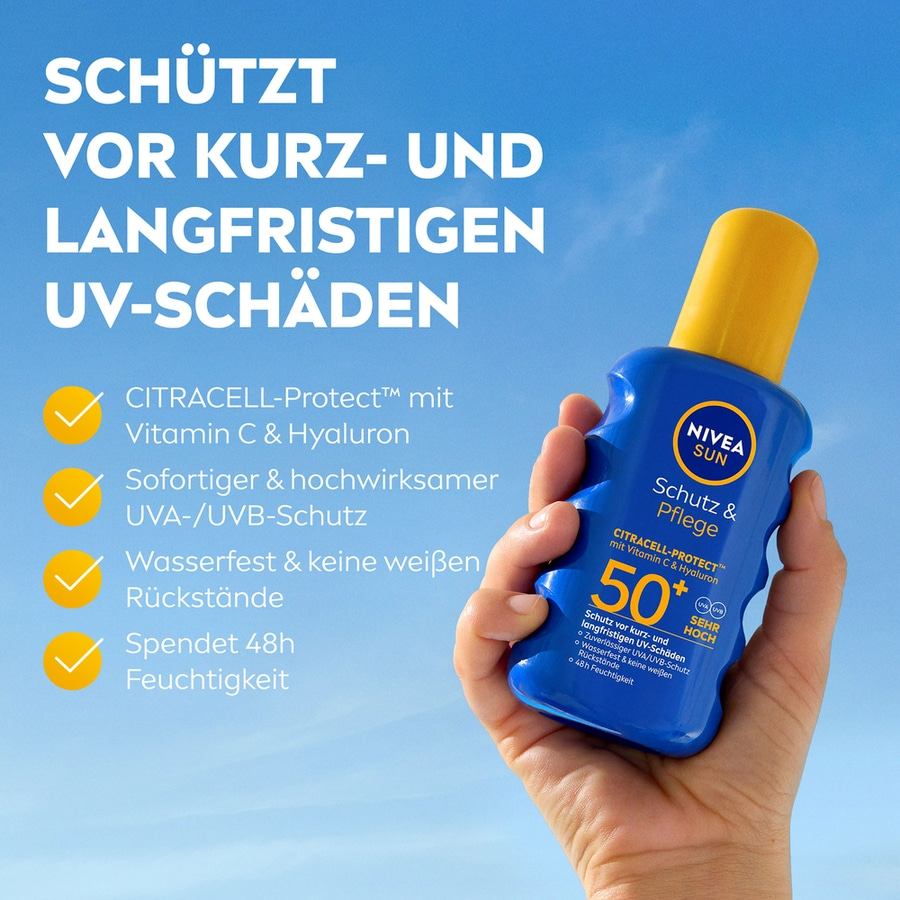 Nivea Sun Sonnencreme, schützt vor UV-Schäden, mit Vitamin C und Hyaluron, 50+ Schutz
