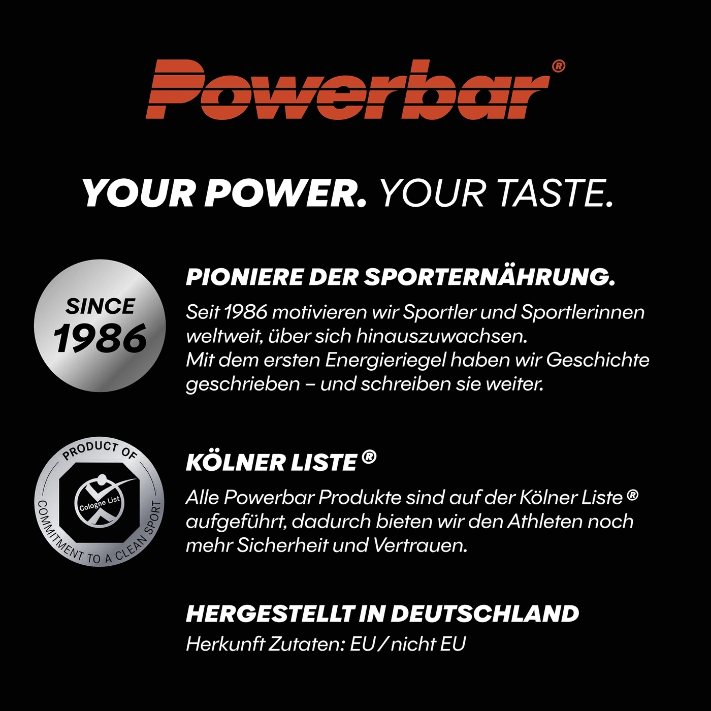 Powerbar Logo und Slogan mit Informationen zu Sporternährung und Herkunft.
