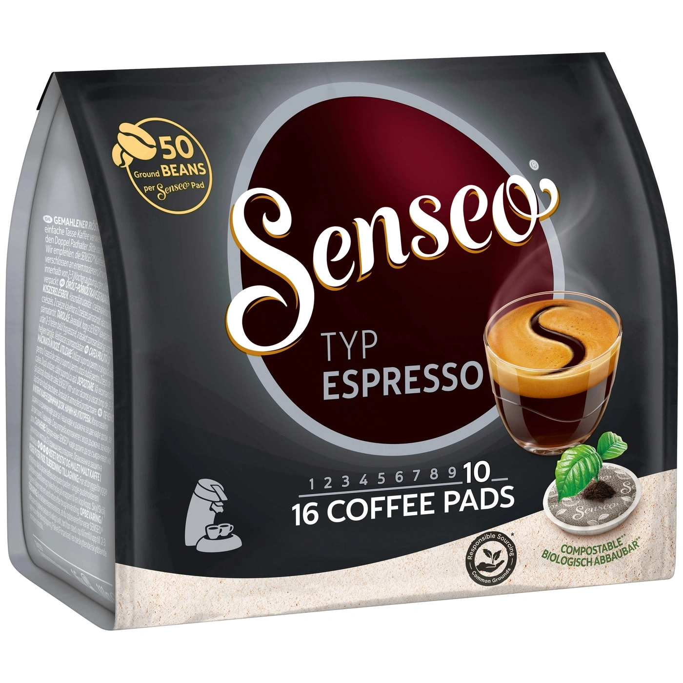 Senseo Espresso Kaffeepads, 16 Pads, Typ Espresso, 50 Bohnen pro Pad, kompostierbar, biologisch abbaubar.