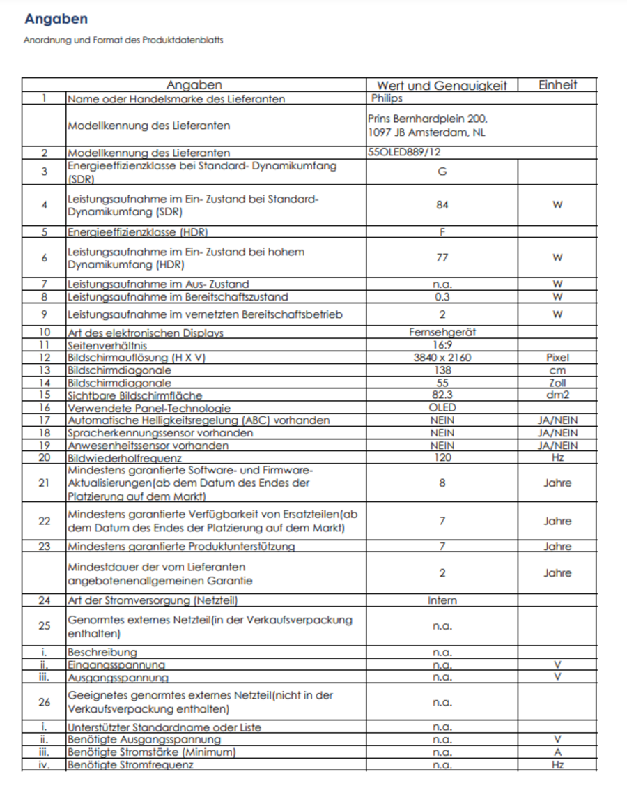 Produktdatenblatt mit technischen Spezifikationen für einen Fernseher, einschließlich Energieeffizienz.