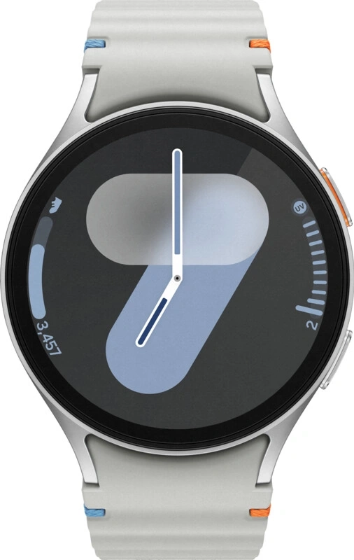 Eine graue Smartwatch mit blauem und orangem Akzent