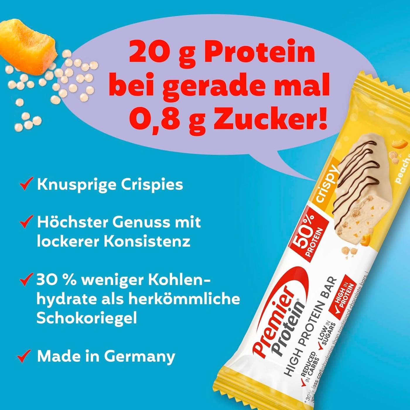Proteinriegel mit Pfirsichgeschmack mit 20 g Protein und wenig Zucker.
