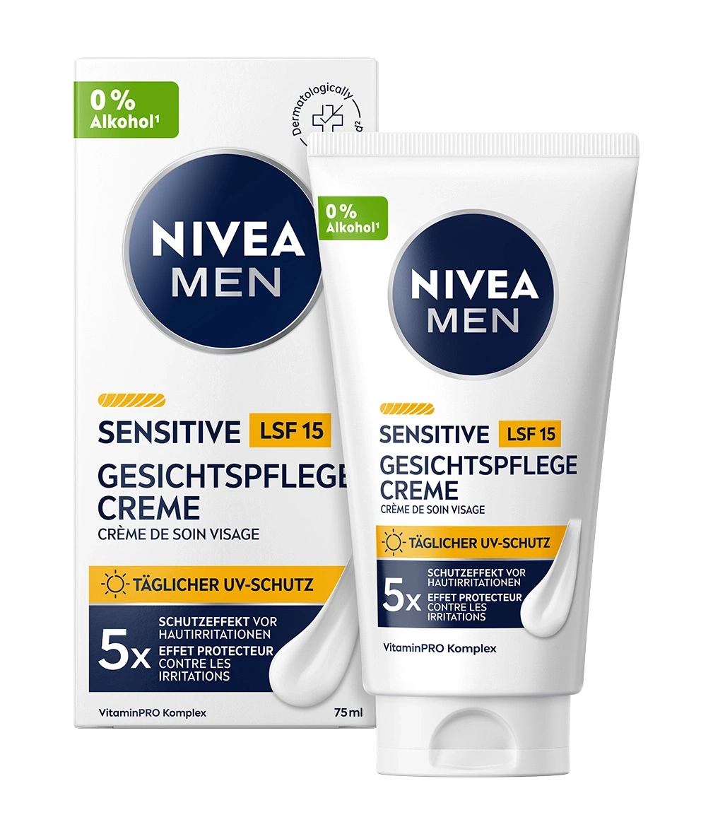 Nivea Men Sensitive LSF 15 Gesichtscreme mit 0% Alkohol und täglichem UV-Schutz.