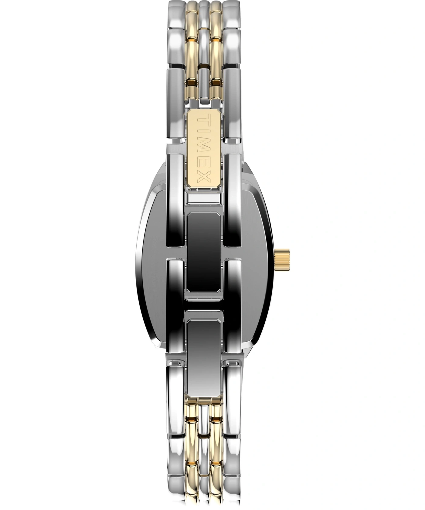 Detailansicht einer Timex-Uhr mit silbernem und goldenem Armband, auf weißem Hintergrund.