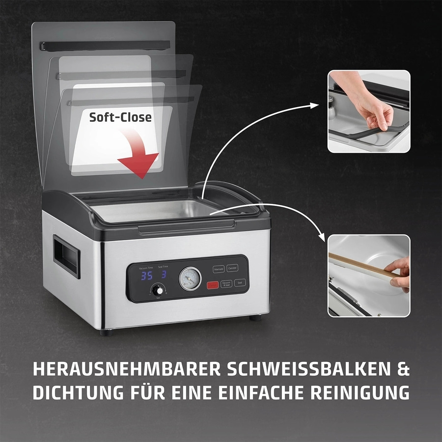 Selbstreinigende Vakuumierer mit abnehmbarem Schweißbalken.