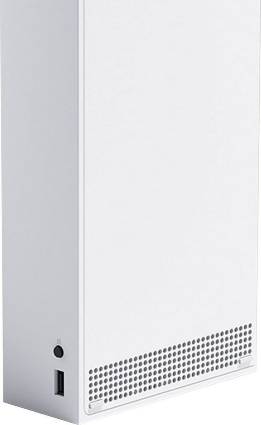 Weiße Xbox Series S Konsole, vertikal stehend, mit Lüftungsschlitzen und Anschlüssen.