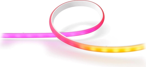 Flexibler LED-Streifen in verschiedenen Farben, der sich auf weißem Hintergrund windet.