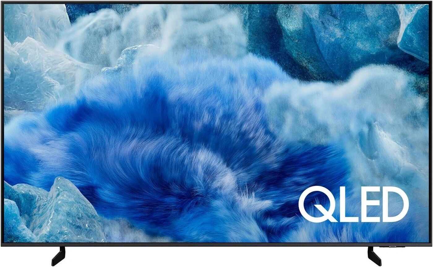 Ein Samsung QLED Fernseher mit einem abstrakten blauen und weißen Hintergrundbild.