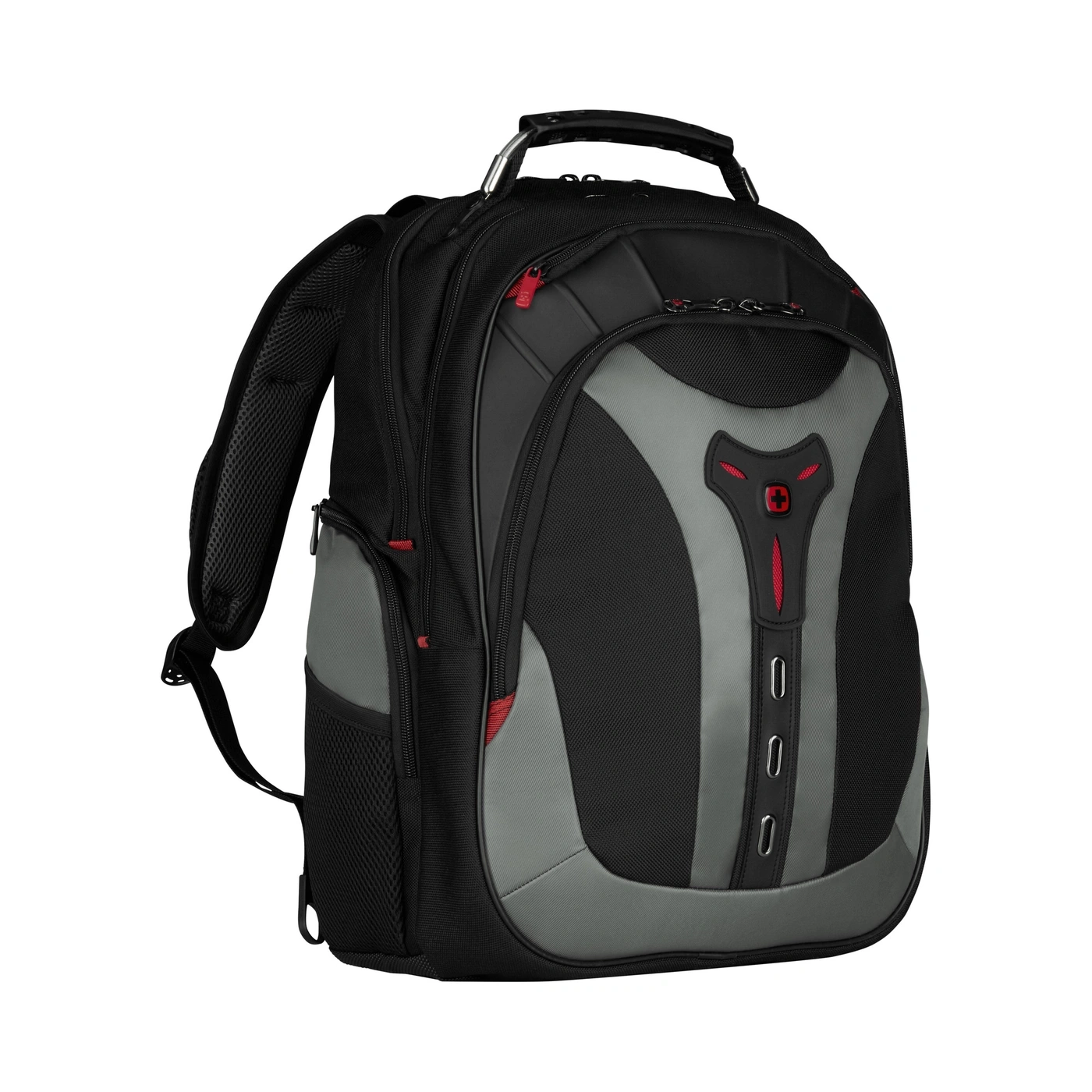 Schwarzer Rucksack mit grauen Akzenten und roten Reißverschlüssen, ideal für Reisen.