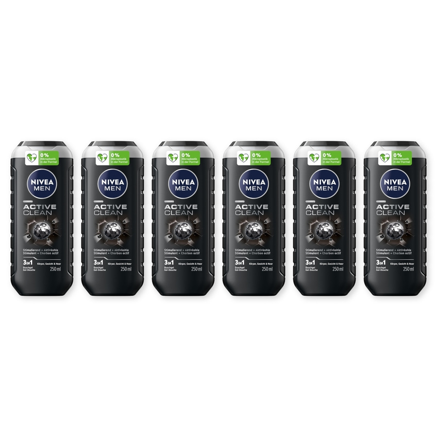 Sechs Nivea Men Active Clean Duschgel Flaschen in einer Reihe.