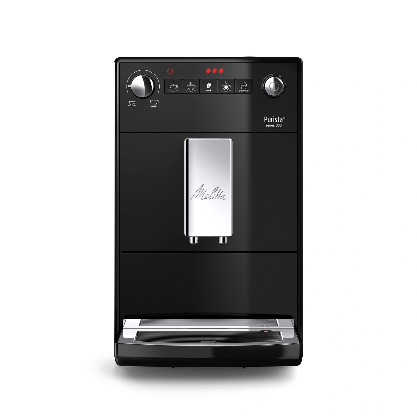 Schwarze Melitta Purista Serie 300 Kaffeemaschine mit Bedienfeld und Logo.
