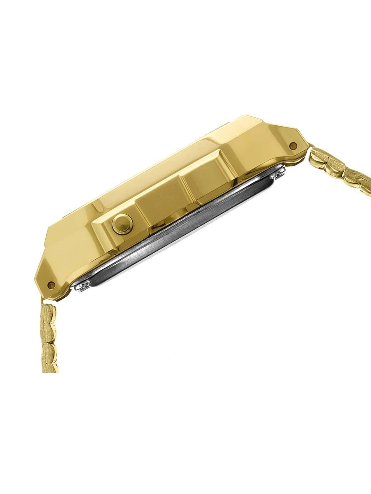 Goldene Armbanduhr im Seitenprofil, Detailansicht.