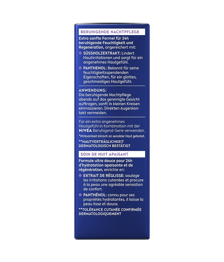 Nivea Nachtpflege mit Süßholzwurzelextrakt und Panthenol für 24h Feuchtigkeitsversorgung.