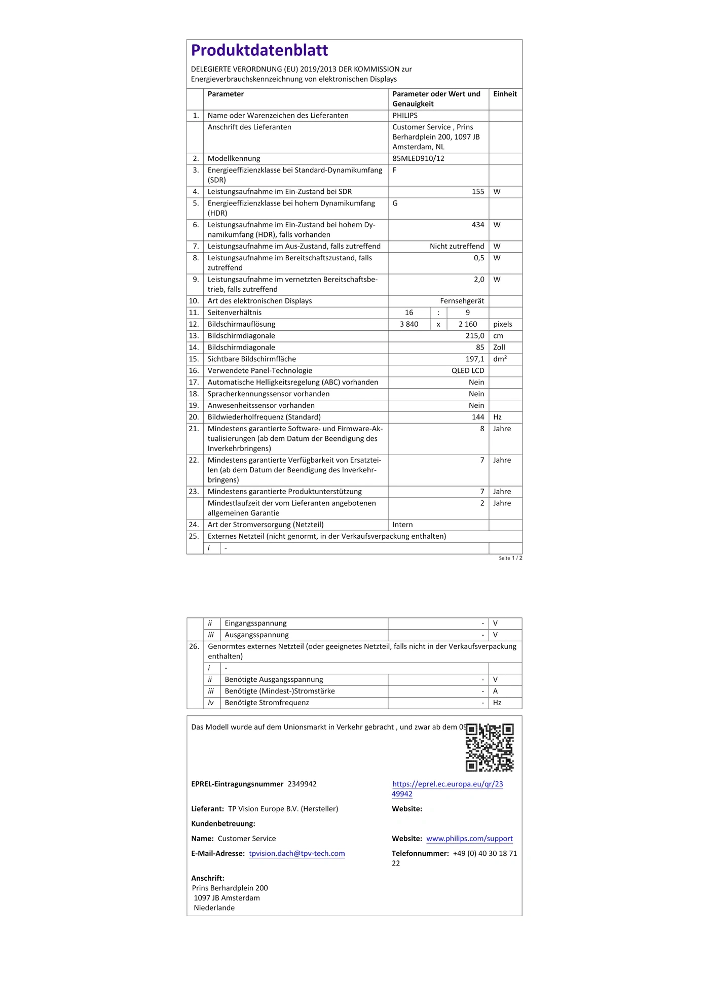 Produktdatenblatt mit Informationen zu einem Philips Bildschirm.
