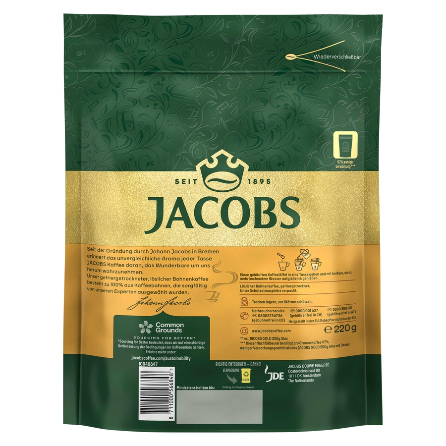JACOBS Löskaffee Gold Nachfüllbeutel 5 x 220 g löslicher Kaffee Instantkaffee