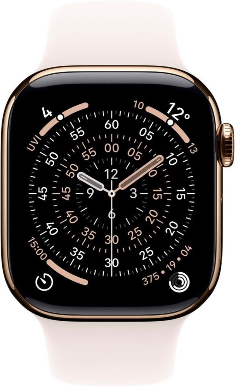 Eine Smartwatch mit einem klassischen Zifferblatt und weißen Armband