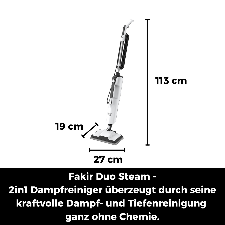Fakir Duo Steam 2in1 Dampfreiniger, 113 cm hoch, 19 cm breit, 27 cm tief.