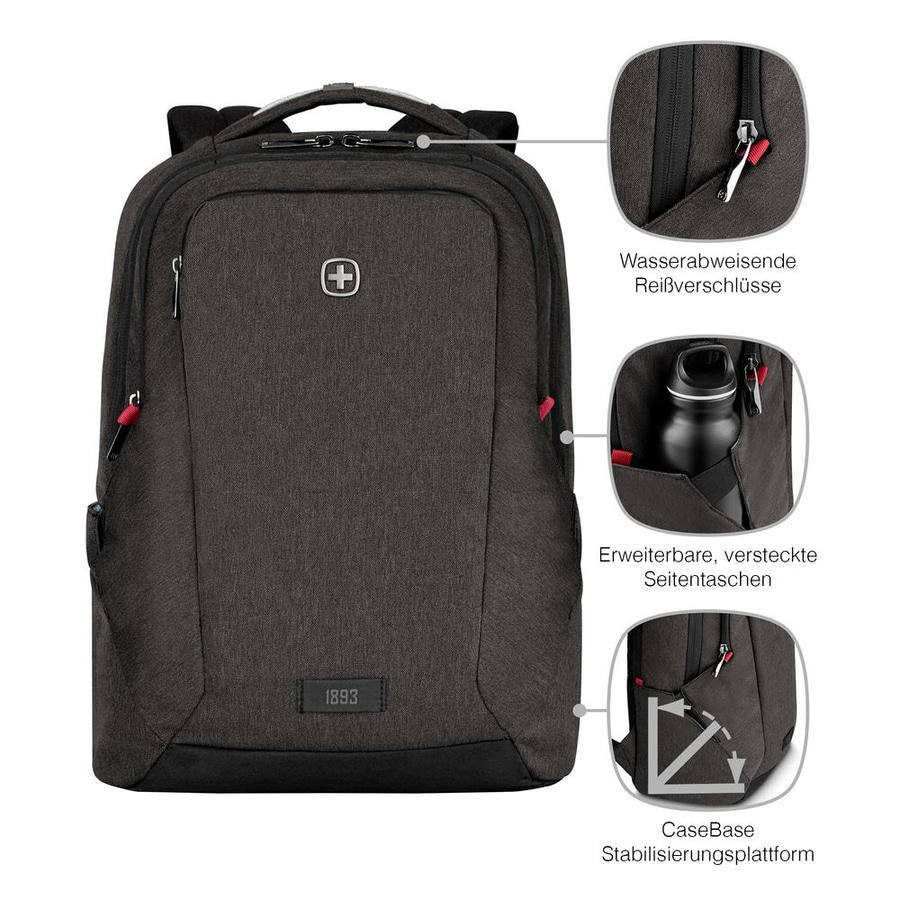 Schwarzer Rucksack mit wasserabweisenden Reißverschlüssen und Seitentaschen, CaseBase Stabilisierungsplattform.