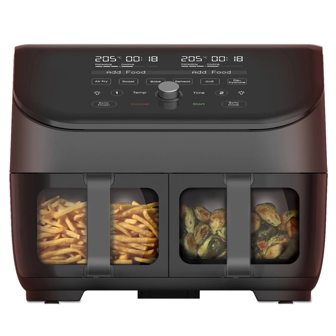 Ein schwarzer Airfryer mit zwei Fächern, die Pommes und Rosenkohl enthalten, mit Bedienfeld.