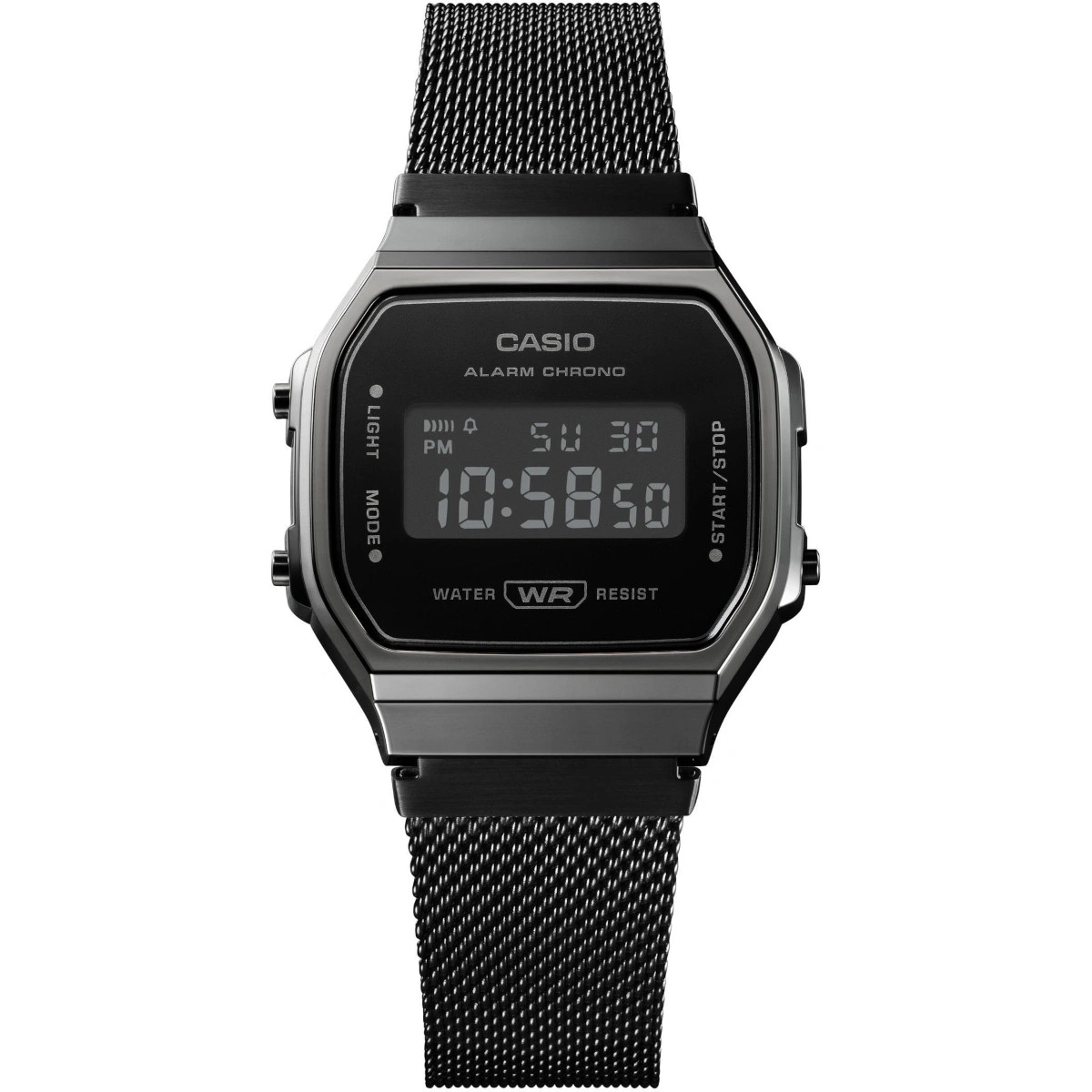 Eine schwarze Casio Digitaluhr mit Mesh-Armband und schwarzem Gehäuse.