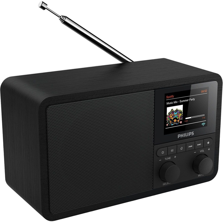 Schwarzes Philips-Radio mit Spotify-Anzeige und Antenne, Musik-Mix-Sommer-Party.