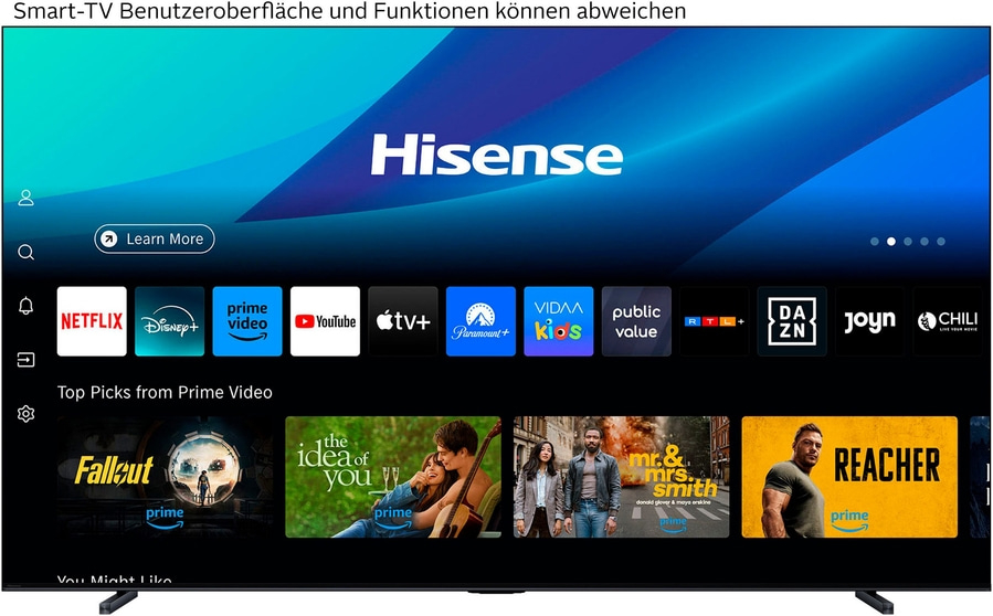 Hisense Smart TV Benutzeroberfläche mit Apps wie Netflix, Prime Video und Disney+