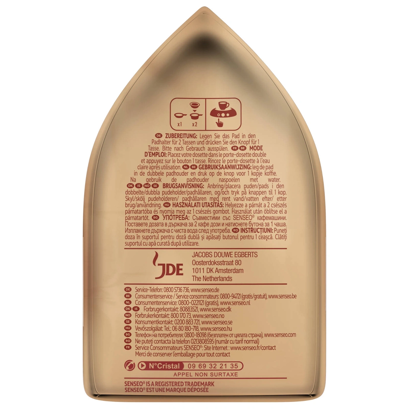 Kaffeepads-Verpackung mit Anweisungen, Jacobs Douwe Egberts, Senseo, Zubereitung, Gebrauchsanweisung