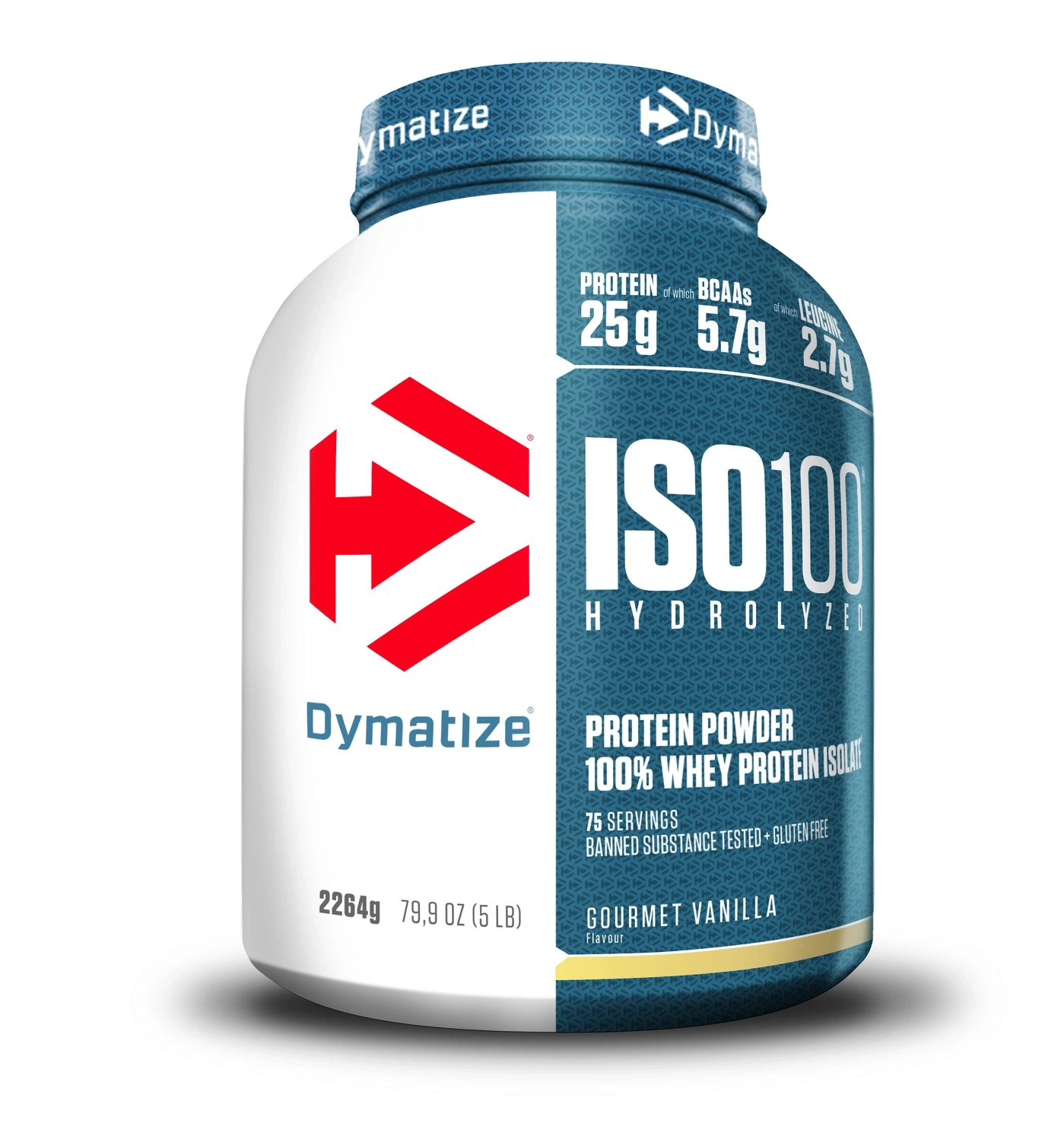 Dymatize ISO 100 Gourmet Vanilla Protein Pulver in weißer und blauer Verpackung.