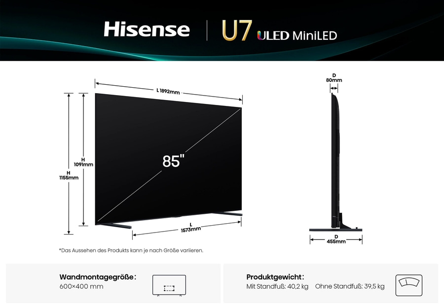 Technische Zeichnung eines Hisense U7 ULED MiniLED Fernsehers mit Abmessungen und Gewichtsangaben.