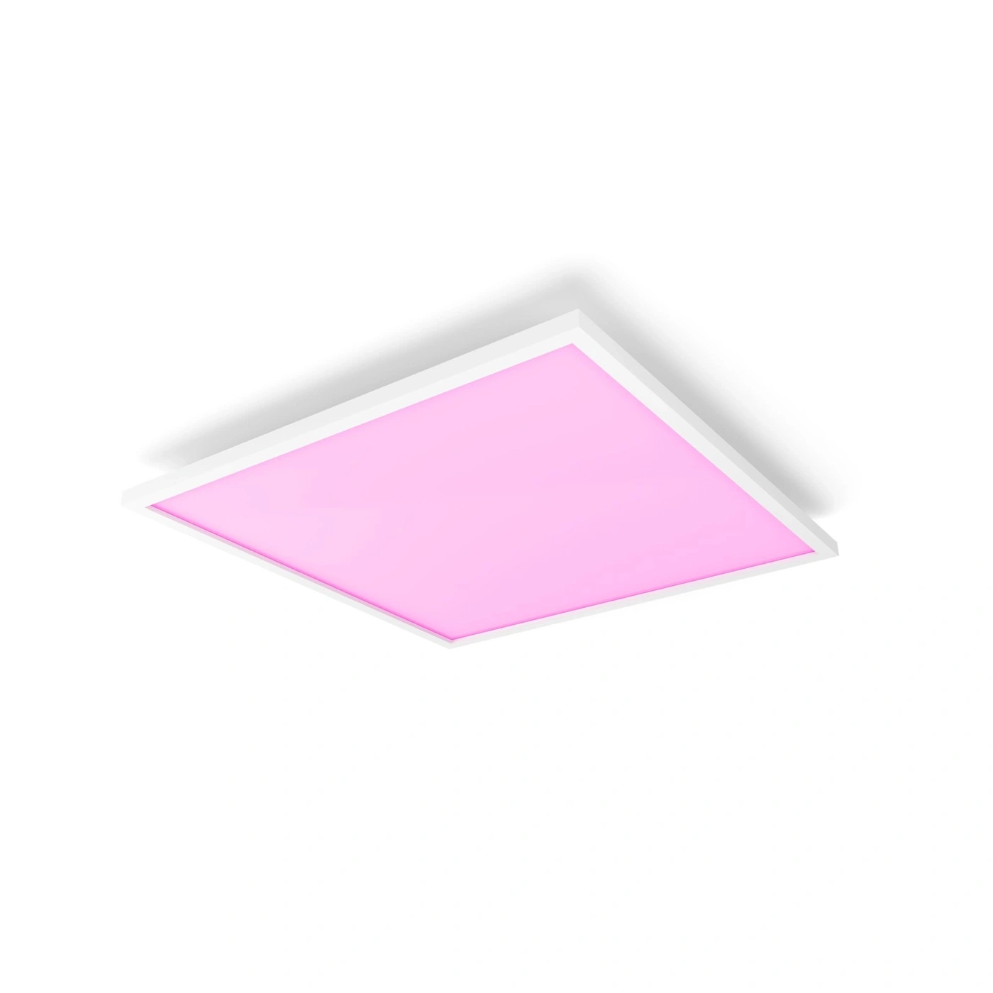Ein rechteckiges Deckenlichtpanel mit weißem Rahmen und rosa Leuchtfläche, das von oben links im Bild zu sehen ist. Es wirft einen Schatten.