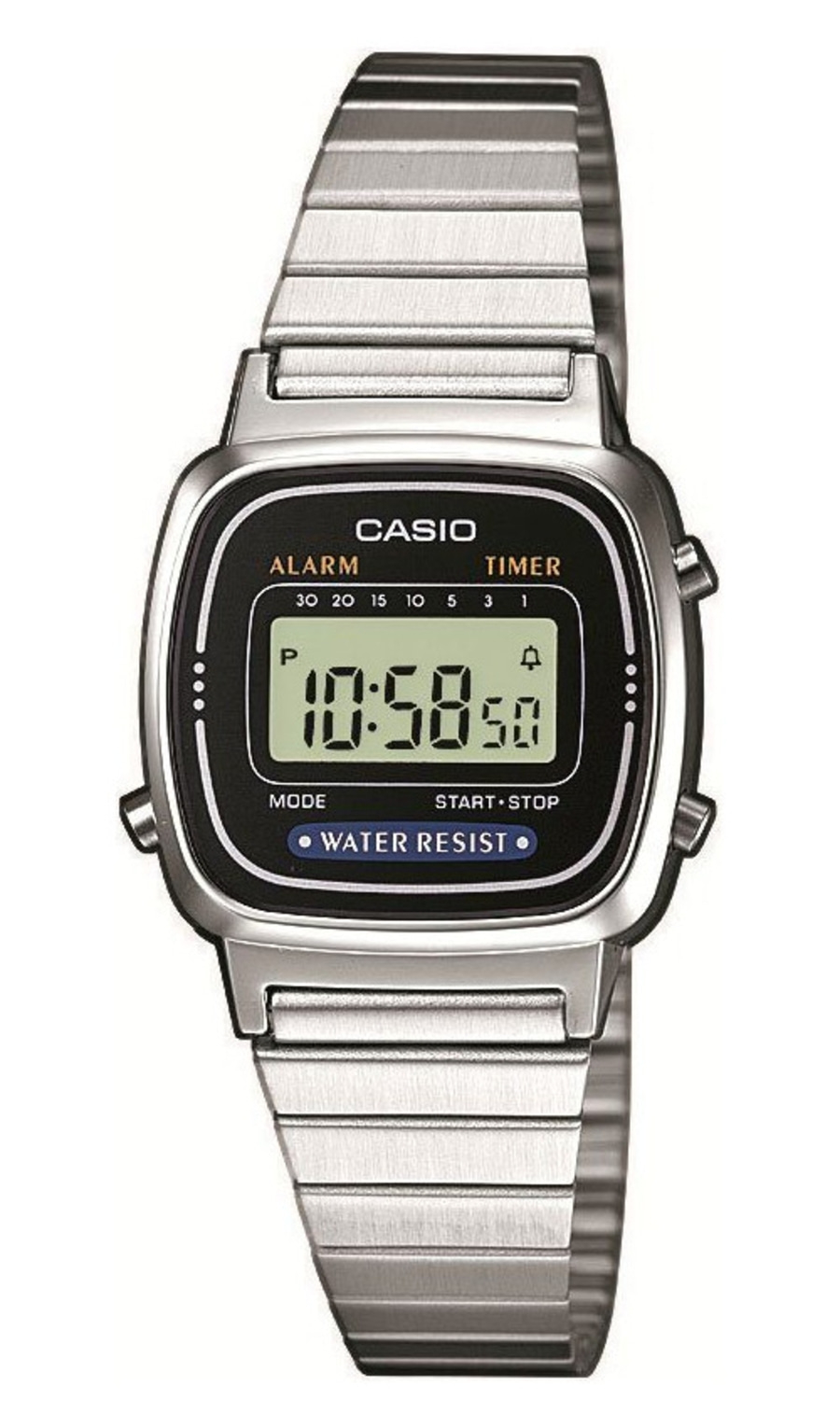 Casio Uhr, silbernes Armband, schwarzes Zifferblatt, Digitalanzeige, Wasserfest, Alarm, Timer