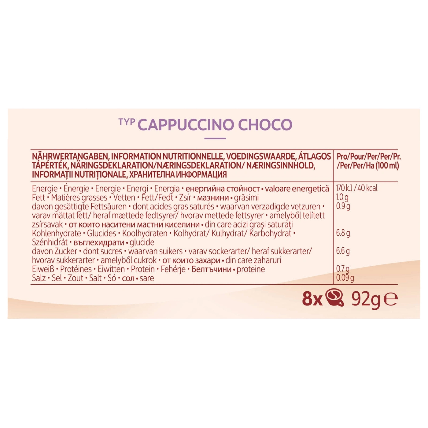 Cappuccino Choco Nährwertangaben, Energie, Fett, Kohlenhydrate, Zucker, Eiweiß, Salz, 8x92g