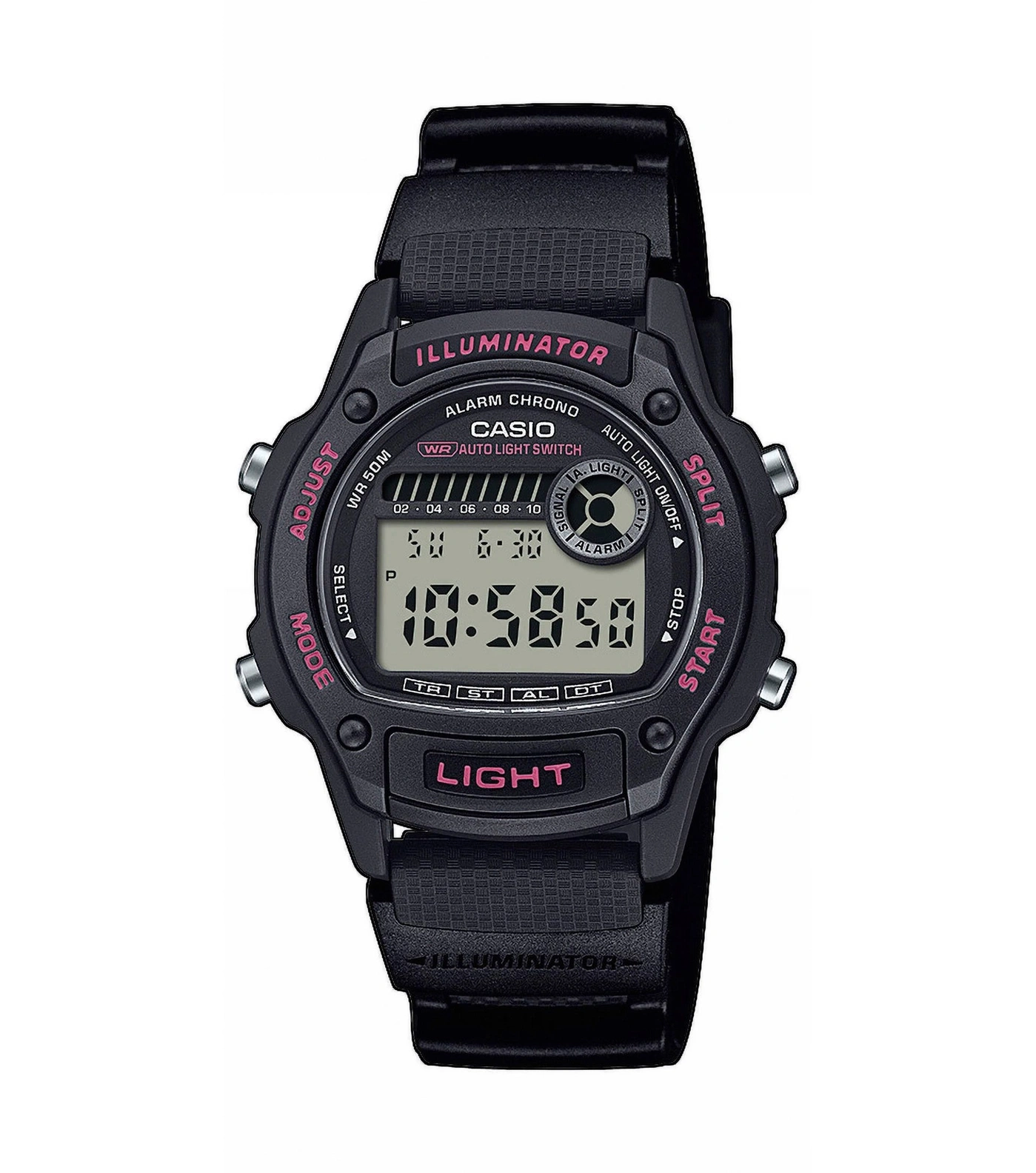 Schwarze Casio Armbanduhr mit digitaler Anzeige und pinken Beschriftungen.