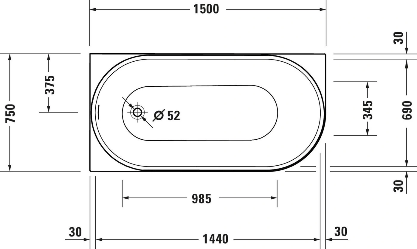Badewanne mit Maßen: 1500x750mm, Durchmesser 52mm, 1440x690mm, 985x345mm, 30mm