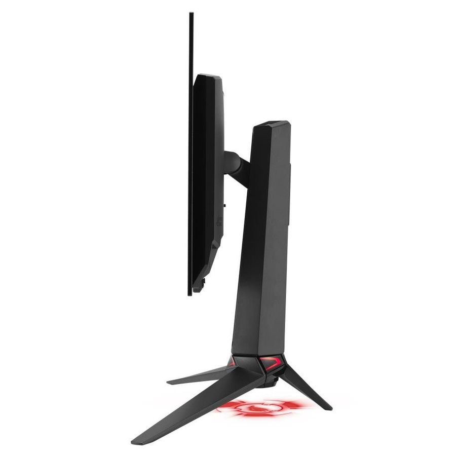 Ein schwarzer Gaming-Monitor mit rotem Leuchten am Standfuß, von der Seite betrachtet.