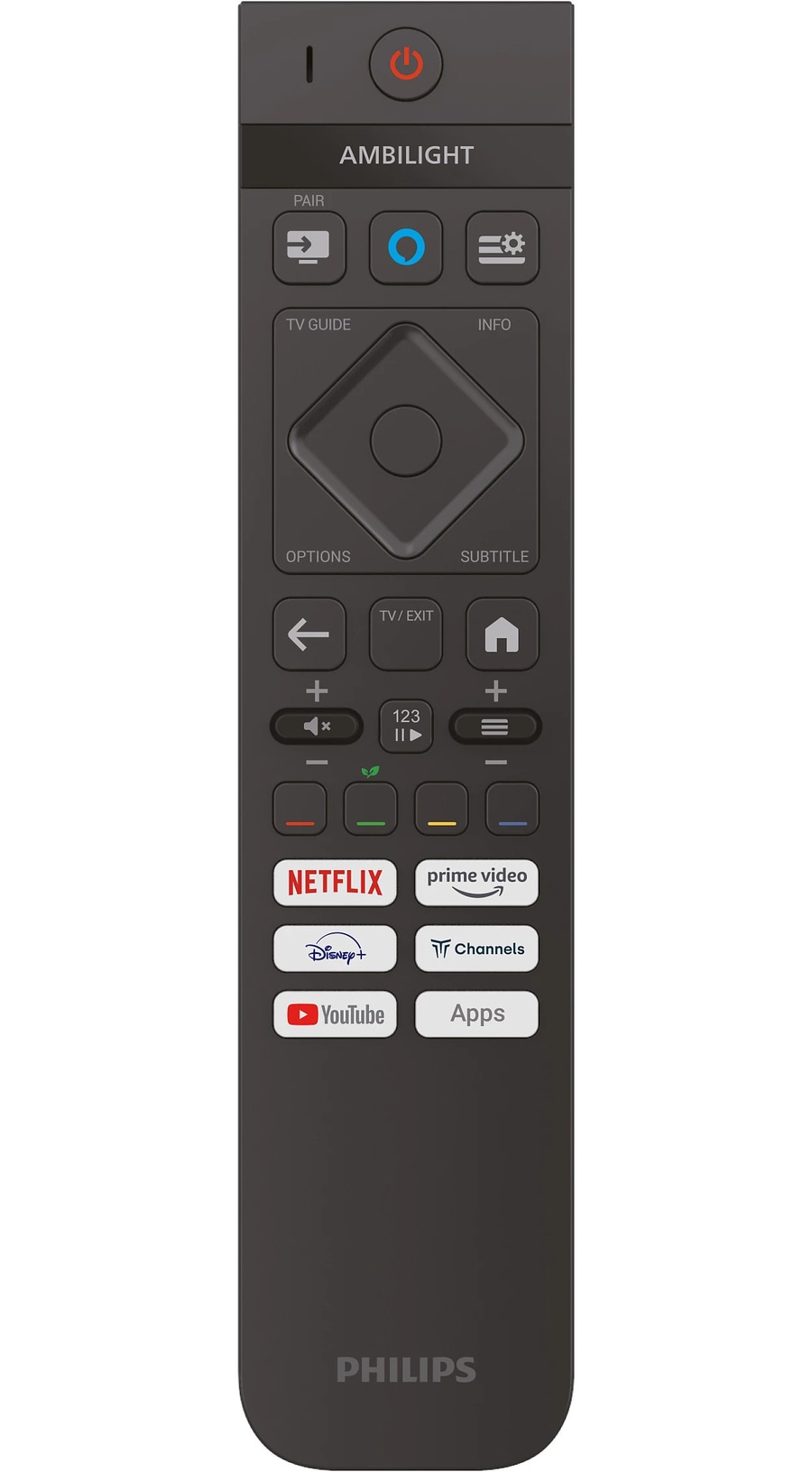 Eine dunkle Philips Fernbedienung mit vielen Tasten und App-Symbolen.
