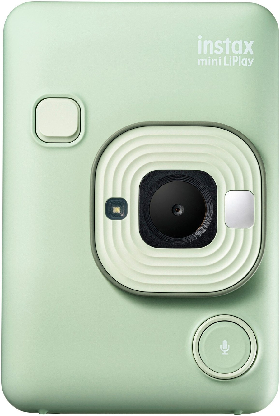 Eine hellgrüne Instax Mini LiPlay Kamera mit Linse und Blitz.