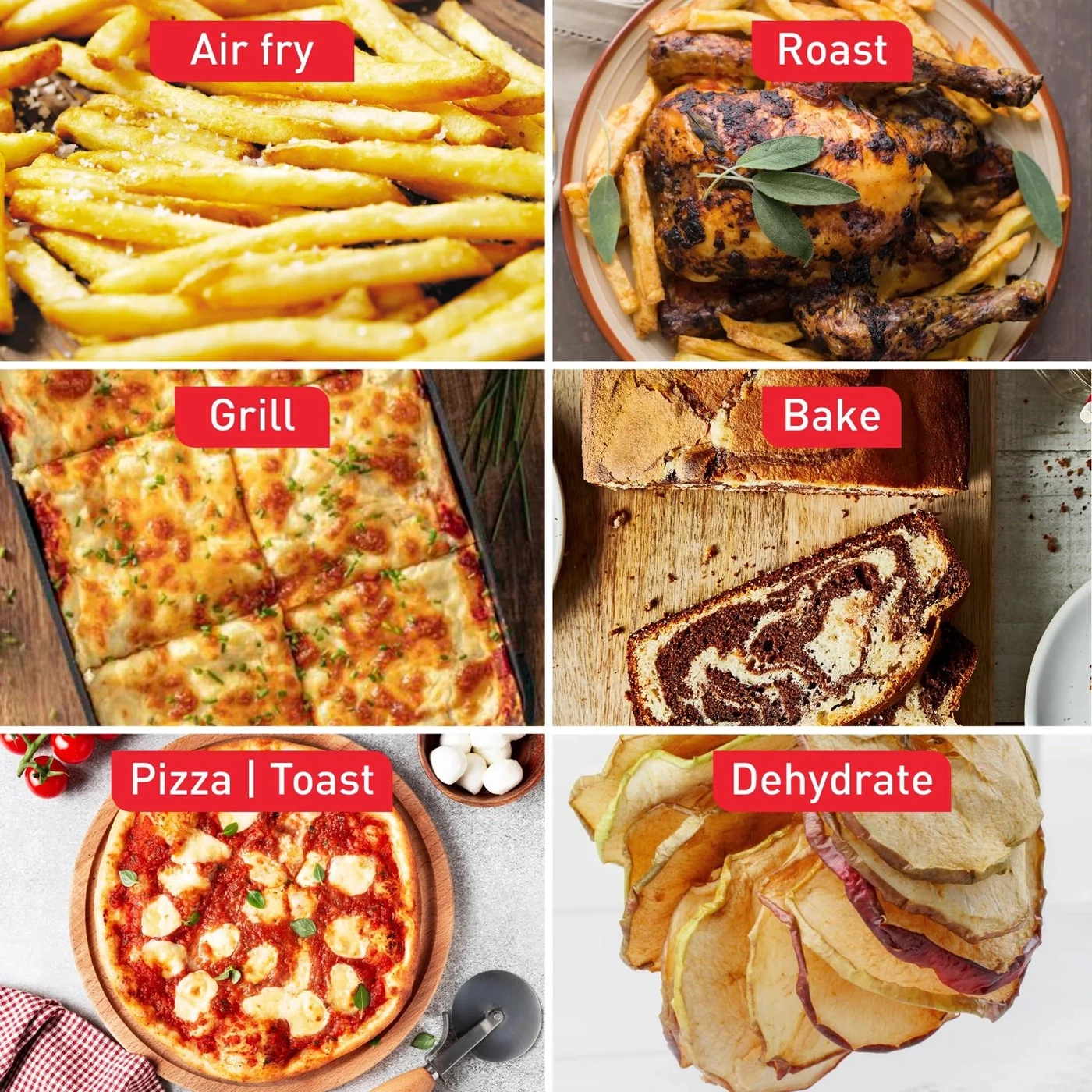 Lebensmittelzubereitungen: Luftfrittieren, Braten, Grillen, Backen, Pizza/Toast, Dehydrieren