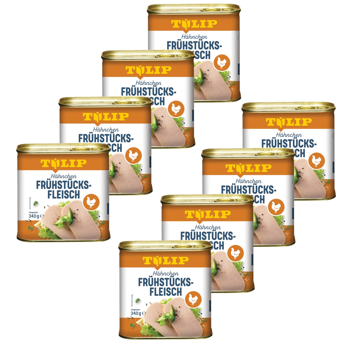 Mehrere Dosen Hähnchen Frühstücksfleisch der Marke Tulip, auf weißem Hintergrund.