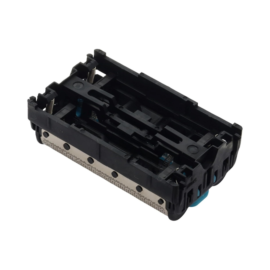 Schwarzes Rasierer-Ersatzteil mit silbernen Klingen und blauen Akzenten